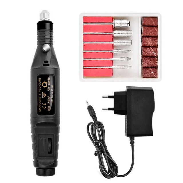 1Set Electric Nail Drill Kit USB MINI Pen Manicure Machine Manicure 6 Kinds of Sanding Buffer Nail File Nail Polishing Tools: Black