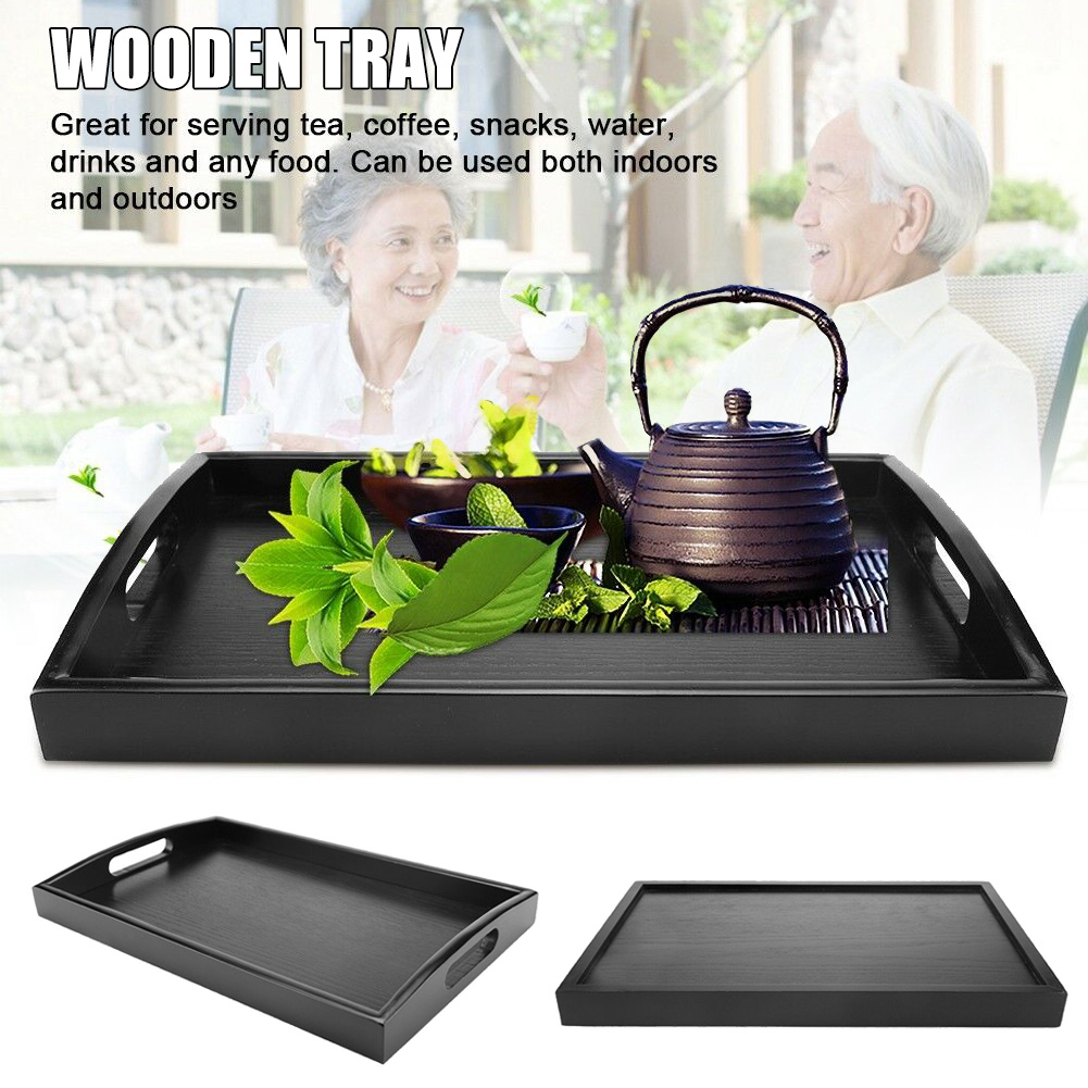 Grand plateau de service en bois noir, rectangulaire, pour le petit déjeuner, avec poignées, facile à saisir, plateau noir,plateau noir deco,grand plateau de service xxl plateau oriental