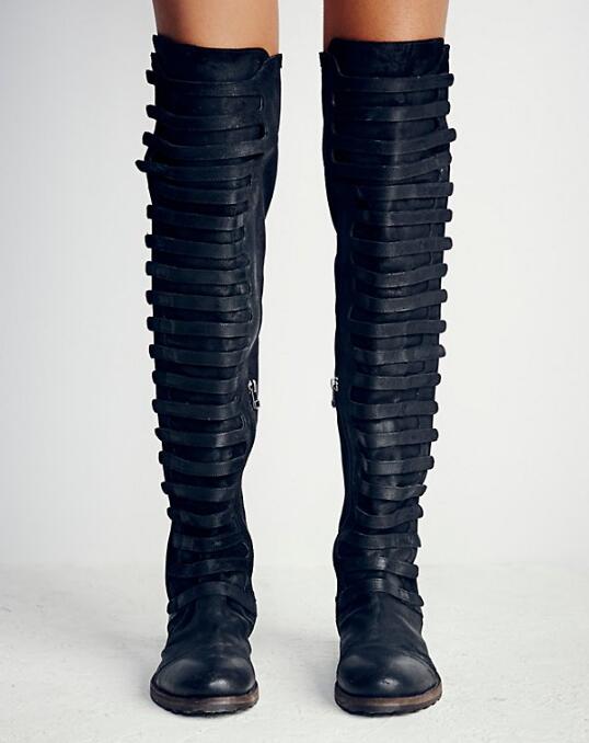 Top Army Green Long Boots Women Punk Style Flat Motorcycle Boots Patchwork Stretch Over The Knee Boots Womens