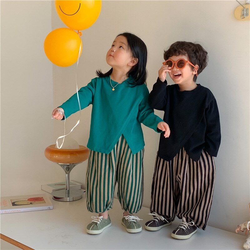2022 Spring Kids cotton linen loose bloomers Children vertical stripe trousers