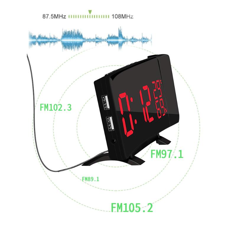 Digital radio vækkeur projektor snooze timer temperatur led display usb ladekabel 110 grader bord radio fm ur
