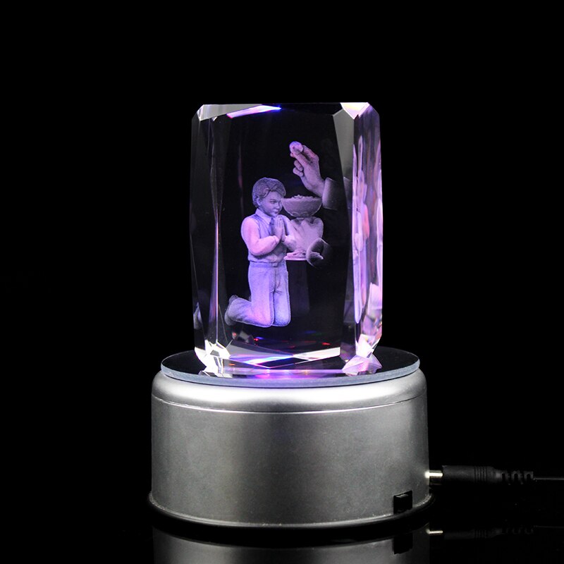 Colorful Crystal Engraving 3D Photo Cube Holy Communion Souvenirs With Led Light Base: cube rotate base