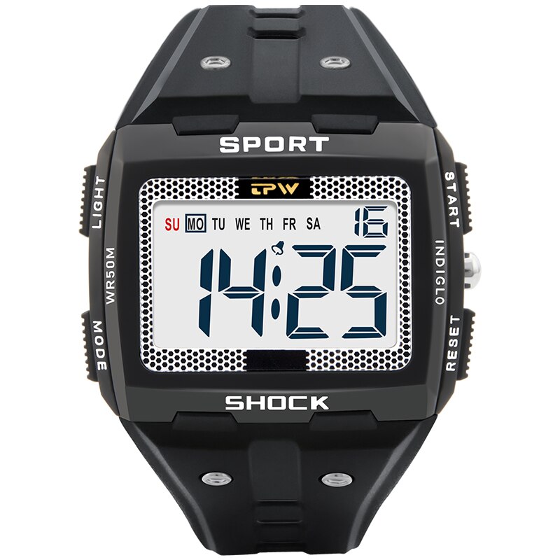 Große Zahlen Männer Sport Uhr Digitale Multifunktions Alarm Chrono 5ATM Wasserdicht Zurück Licht Platz: Schwarz