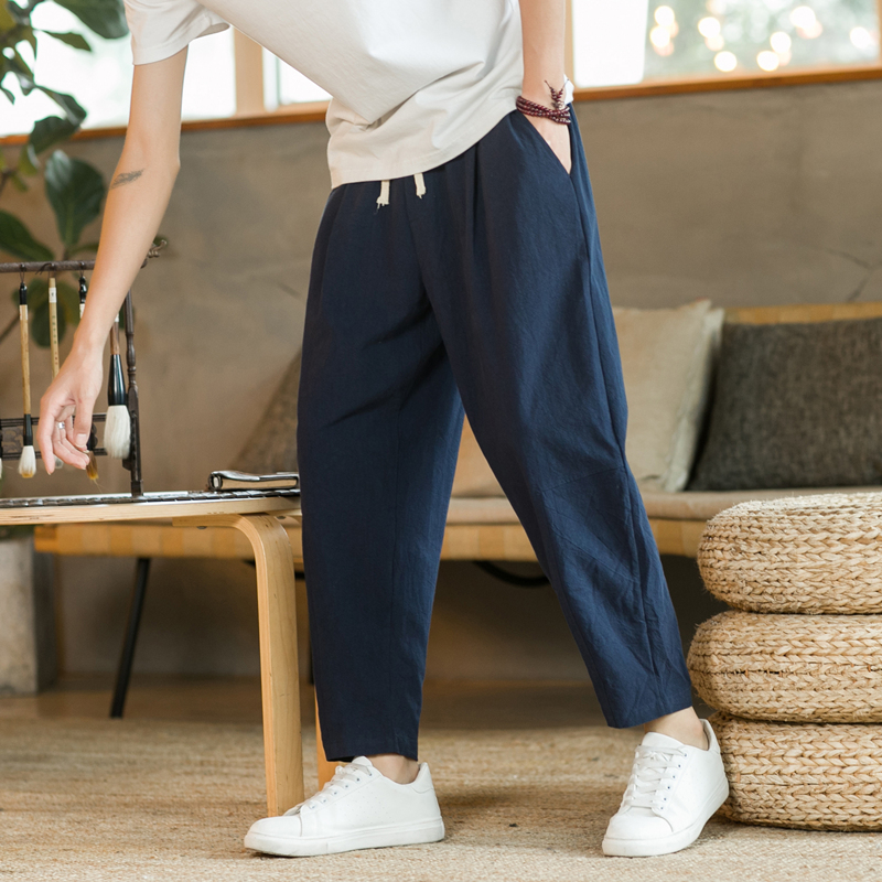 2023 letnie męskie spodnie bawełniane lniane modne spodnie na co dzień jednokolorowe oddychające luźne spodenki proste spodnie Streetwear M-5XL: XXL / BŁĘKITNA