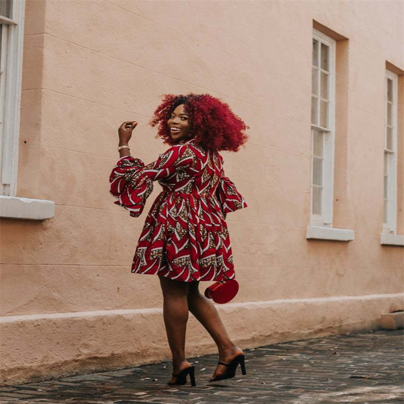 Womens African Ankara Print Maxi Dress Traditional Casual Outfits Attire Lotus Sleeve V Neck African Women's Clothing