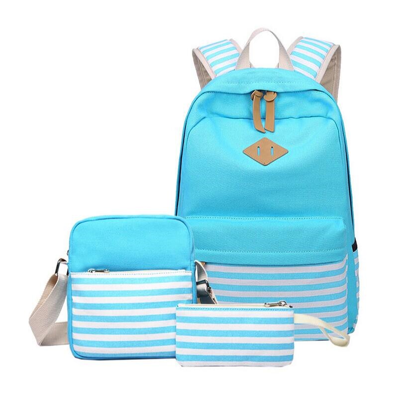 3 pièces noir et blanc rayure vintage toile sac à dos fille cartable enfants sac à dos sacs d'école pour filles sac à bandoulière porte-crayon: sky blue
