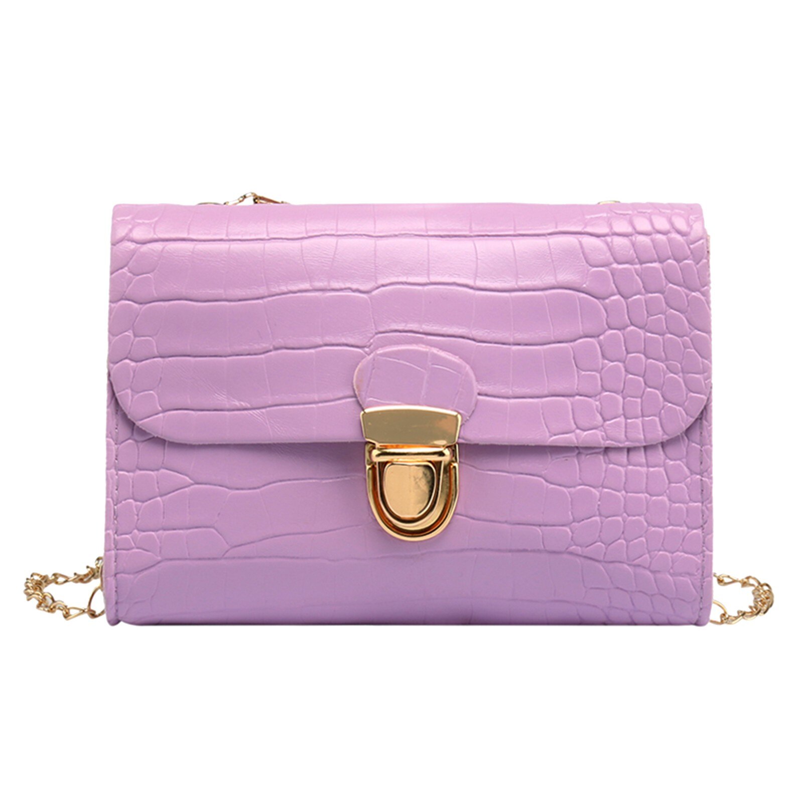 Ladies One-Shoulder Chain Small Square Bag Messenger Lock Bag Female Leather Solid Color Chain Handbag for Women: purple