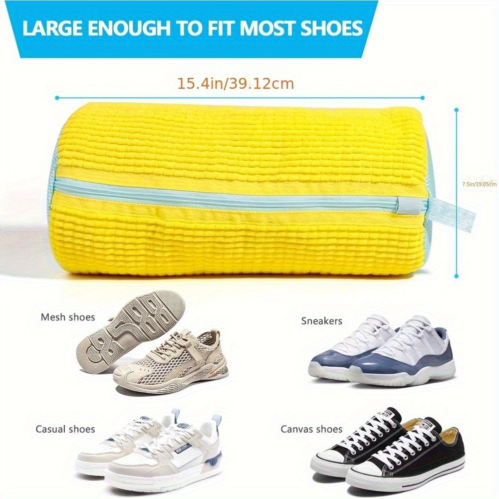 1pc Durable Shoe Washing Machine Bag for All Shoe Types - Yellow with Blue Zipper, Oval Protective Laundry Bag with Rich Fluff I