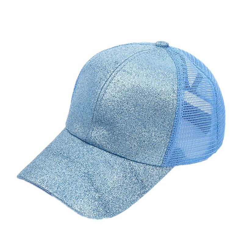 Sommer rodet bun mesh hatte justerbare sport hætter løb cap kvinder mænd bling sequin snapback hat: Blå