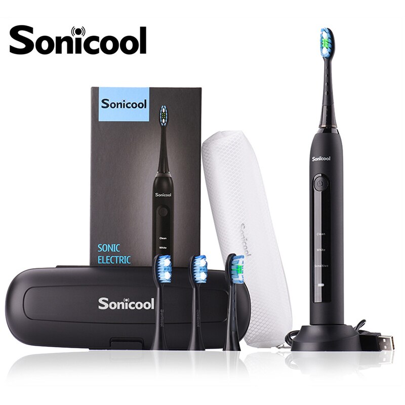 Sonicool 051B Ultrasonic Sonic Electric Toothbrush USB Rechargeable Tooth Brushes With 4 Pcs DuPont Brush Heads Tooth Cleaning