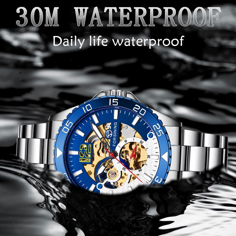 FORSINING Heren Mechanische Sport Horloge Luxe Skeleton Rvs Waterdichte Automatische Lichtgevende Erkek Kol Saati