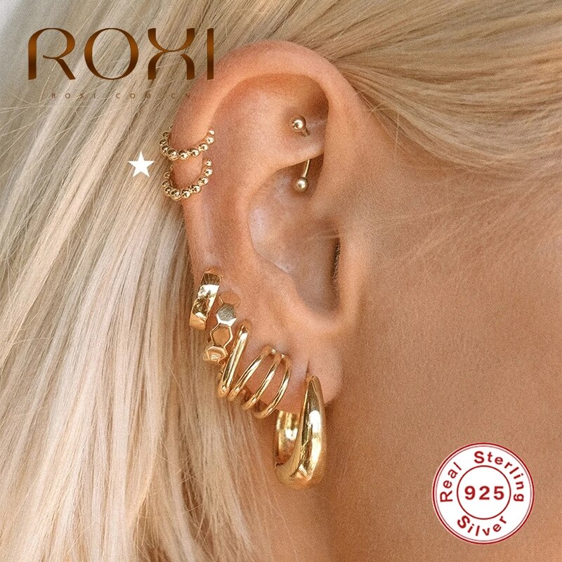 ROXI Simple Round Head 925 Sterling Silver Earing Cartilage Gold Silver Round Hoop Earrings for Women Girl Party Jewelry