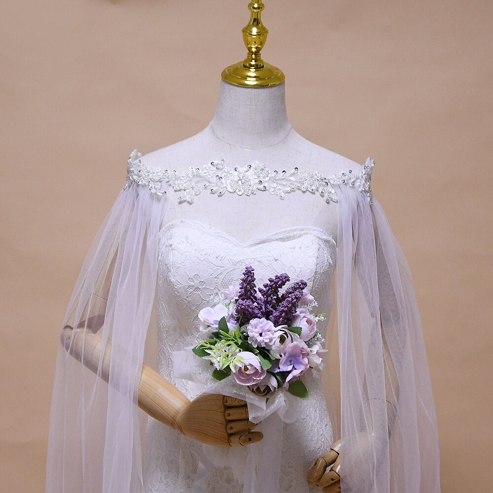 ZMG26 Women's Long Capes for Wedding Pearl Embellishment Chiffon White Bridal Shawls Wraps for Formal Party bolero for girls