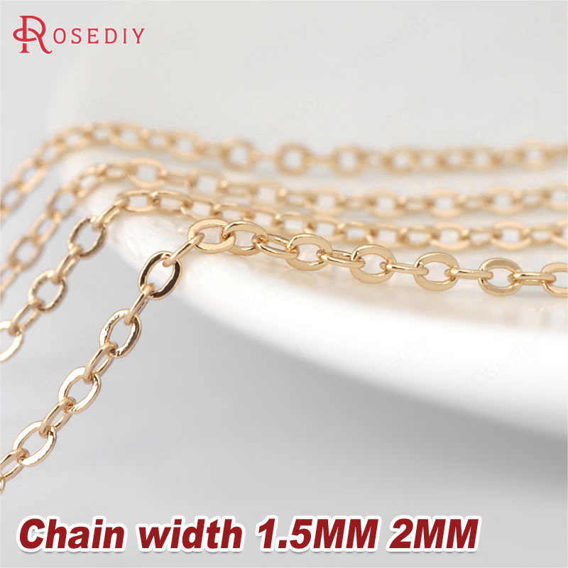 2 Meters width:1.5MM 2MM 24K Champagne Gold Color Brass Flat Oval Chains Necklace Chains Jewelry Accessories