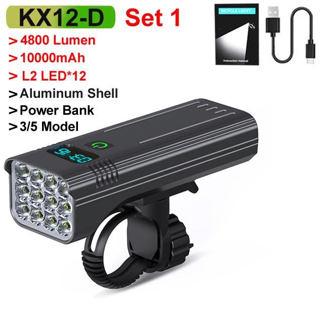 NEWBOLER 12 LED Fietslicht 4800 Lumen USB Oplaadbaar Aluminium MTB Fietslicht 10000 mAh Power Bank Koplamp Fietsaccessoire: Default Title