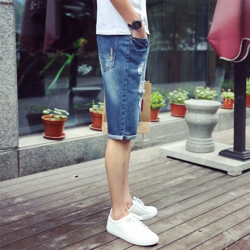 Heren Shorts Top Rechte Mannen Korte Jeans Gat Losse Jeans Ripped Denim Broek Gerafeld Mannen Knie lengte Jeans