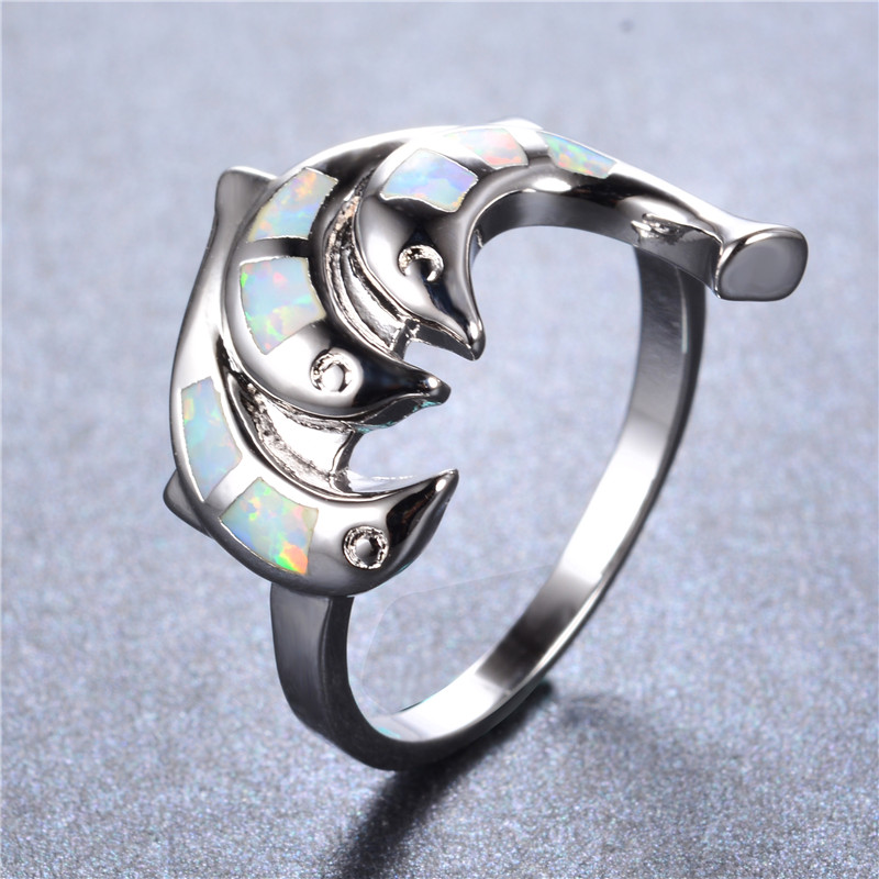 Unico anello animale a tre delfini anello di fidanzamento in pietra opale blu bianco anelli di nozze Color argento alla moda per gioielli da donna oceano