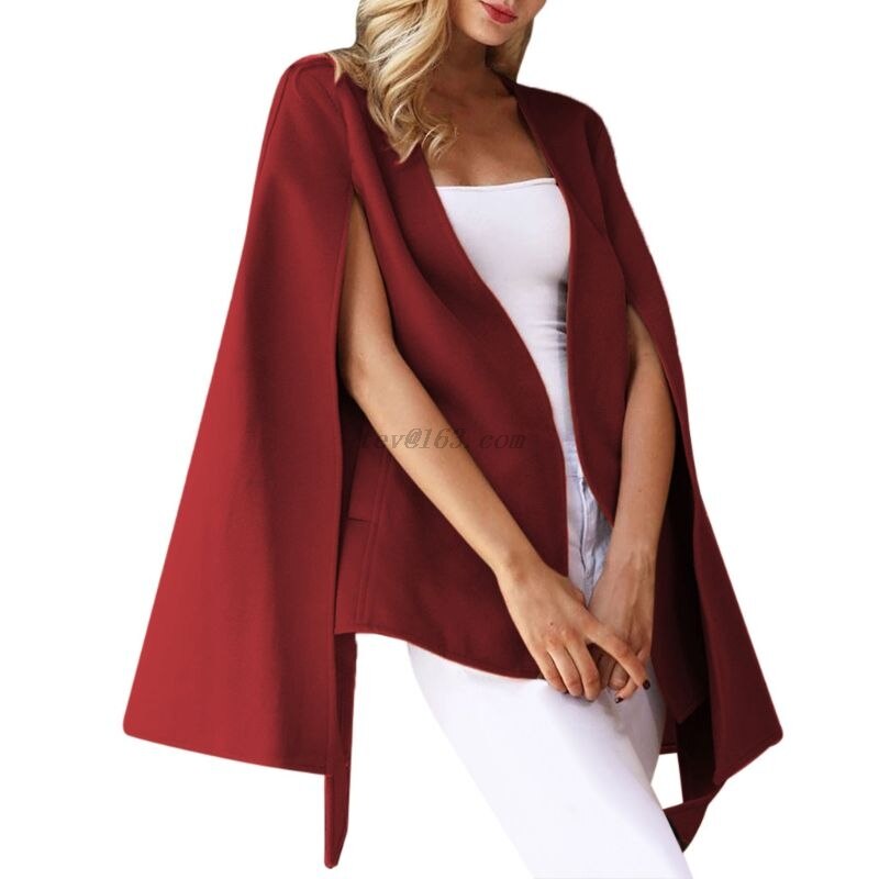 Femmes hiver Vintage manteau manches chauve-souris Poncho Cape ceinture taille Trench manteau M68A: Bourgogne / XXL