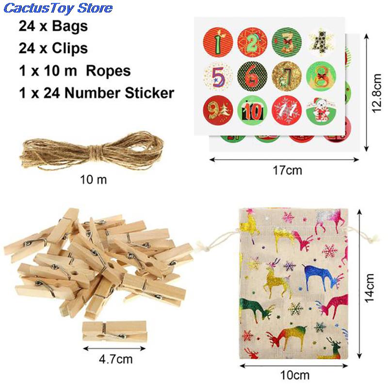24pcs 1-24 Numbers Bag Christmas DIY Advent Calendar Ornament Christmas Bags Calendar Countdown Bag Candy Storage Pouches