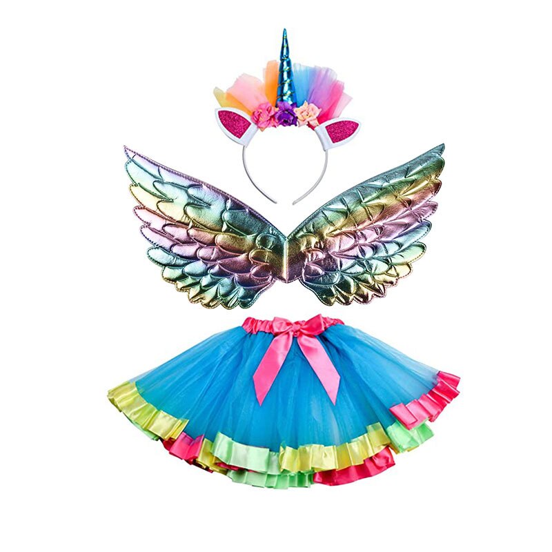 3pcs Rainbow Cute Kids Dress Up Princess Angel Wing Bling Unicorn Tutu Skirt Suit: Light Blue