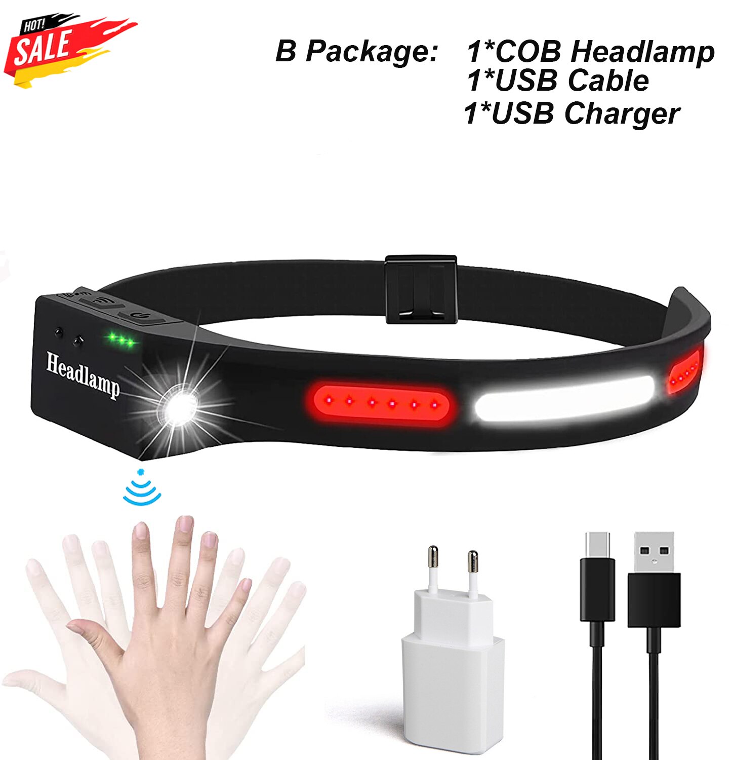 COB LED Headlamp USB Rechargeable Headlamp with Red light for Car 5 Models: B Type / UK