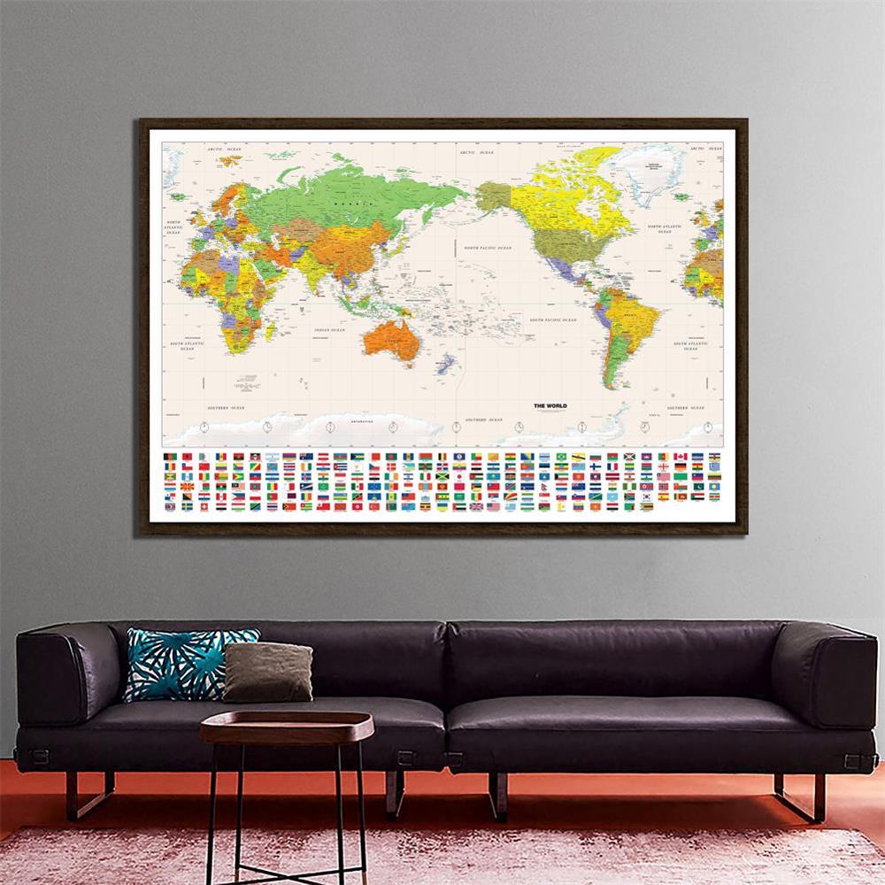 150x225cm Non-woven Detailed Map Of Major Cities in Each Country Physical Map Of The World With National Flag