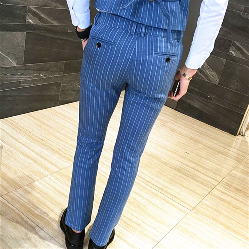Blå stripete dressbukser herre business bryllupsbukser slim pantalon hombre plus size s -5xl herrebukse
