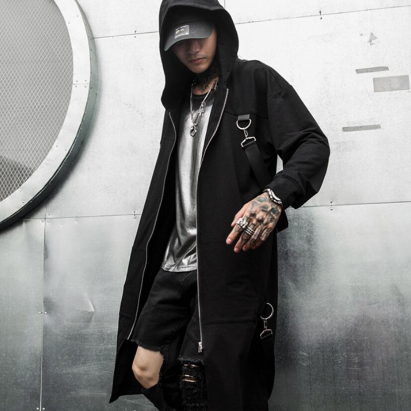 Frühling herbst männer bänder Patchwork Punk Hüfte hüpfen lange trenchcoat mit kapuze Mantel männer schwarz Reißverschluss techwear lange jacke Mantel