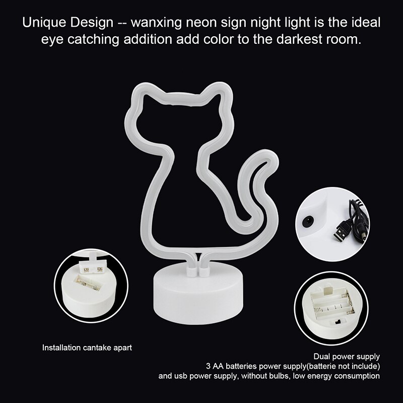 Ineonlife – signe néon Led en forme de chat, rose clair, Kawaii, décoration de chambre, alimentation USB/batterie, lampe avec Base, pour magasin, de noël