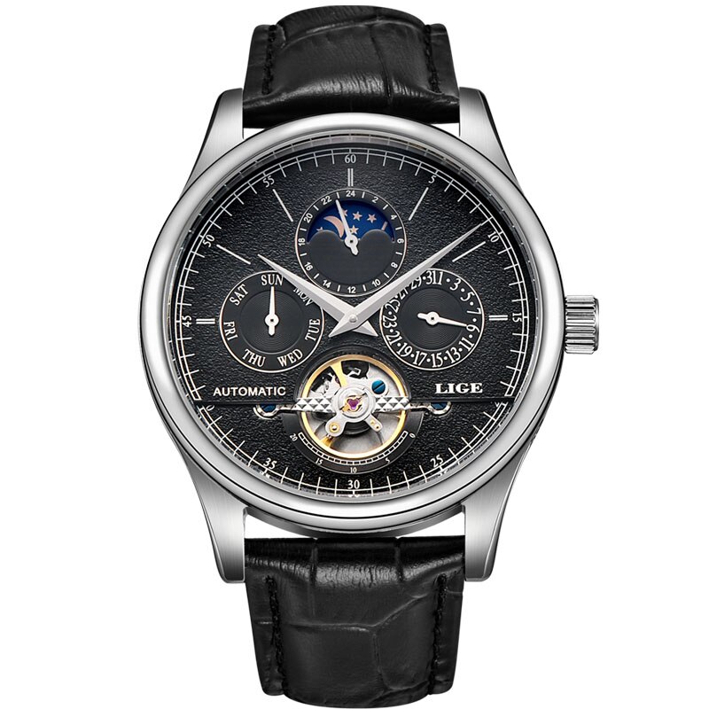 Relojes de Hombre LIGE, reloj mecánico automático para Hombre, reloj Tourbillon deportivo, reloj de pulsera Retro de negocios Casual de cuero: silver black