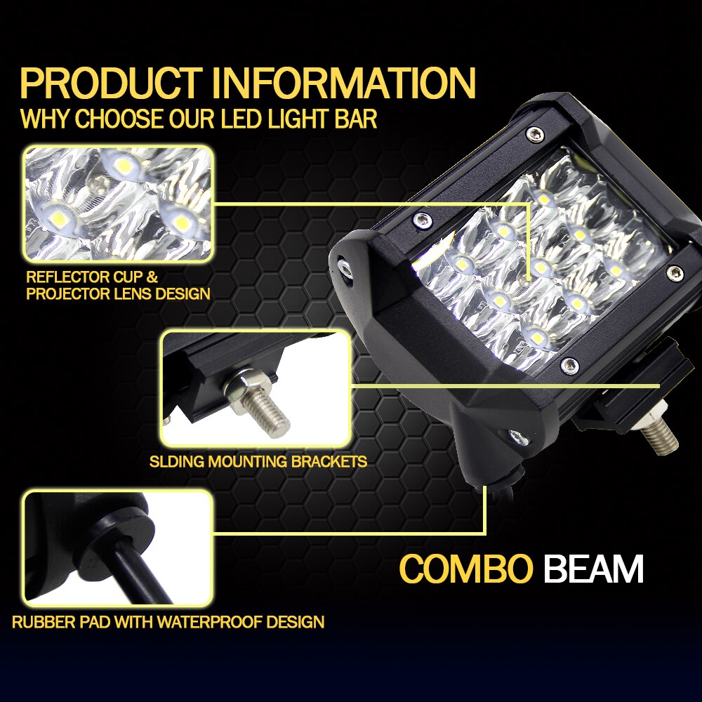 4 Inch Tri-Row LED Car Work Light Bar Spotlight 12V 24V 6000K For 4x4 4WD Offroad SUV ATV Truck Lorry Wagon