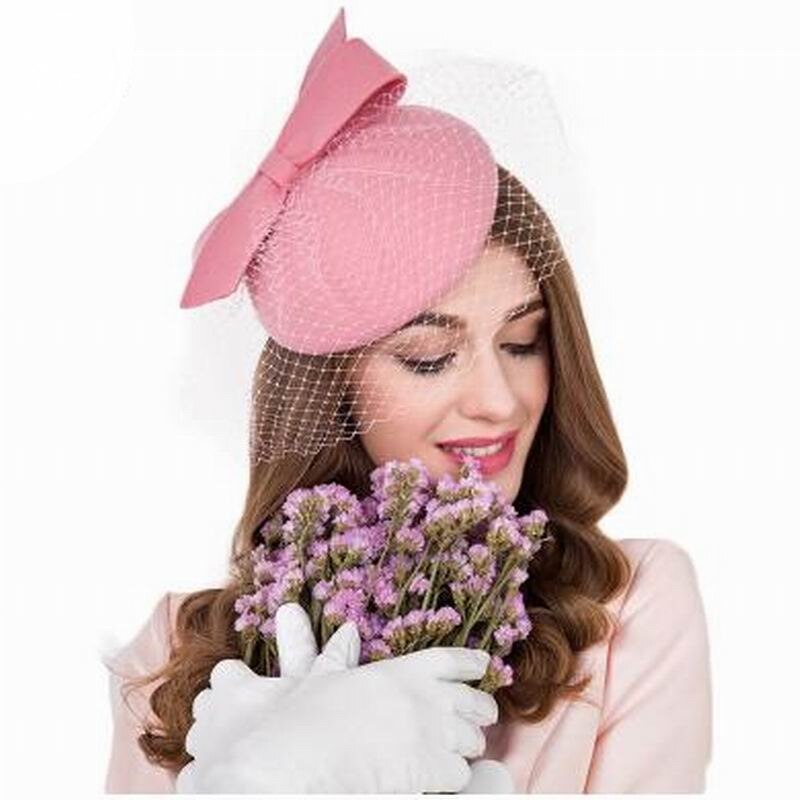 100% Wool Fedora Hat Fascinators for Women Pink Wedding Dress Tea Party Pillbox Woolen Cap Female S3070