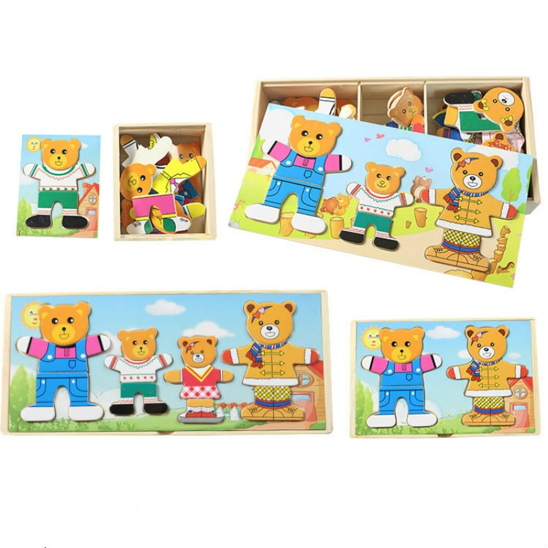 4 Types de jeux éducatifs en forme d&#39;ours, Puzzle, jeux éducatifs pour la petite enfance, vêtements changeants pour bébé, jouet Tangram en bois, pour enfants