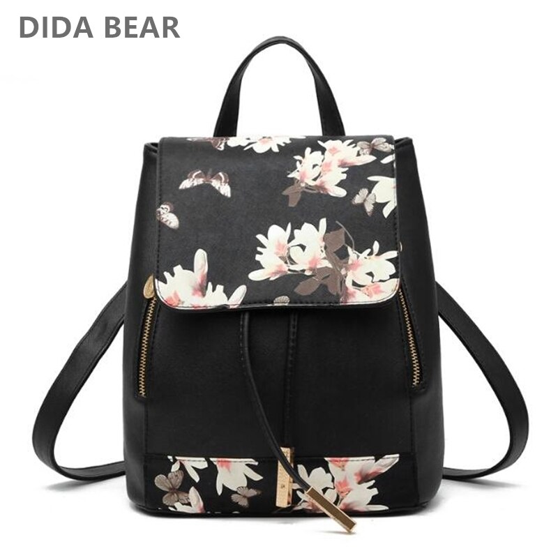 Dida bear kvinder pu læder rygsække rygsæk skoletasker til piger teenagere taske taske blomster fjer mochila feminina sac a dos