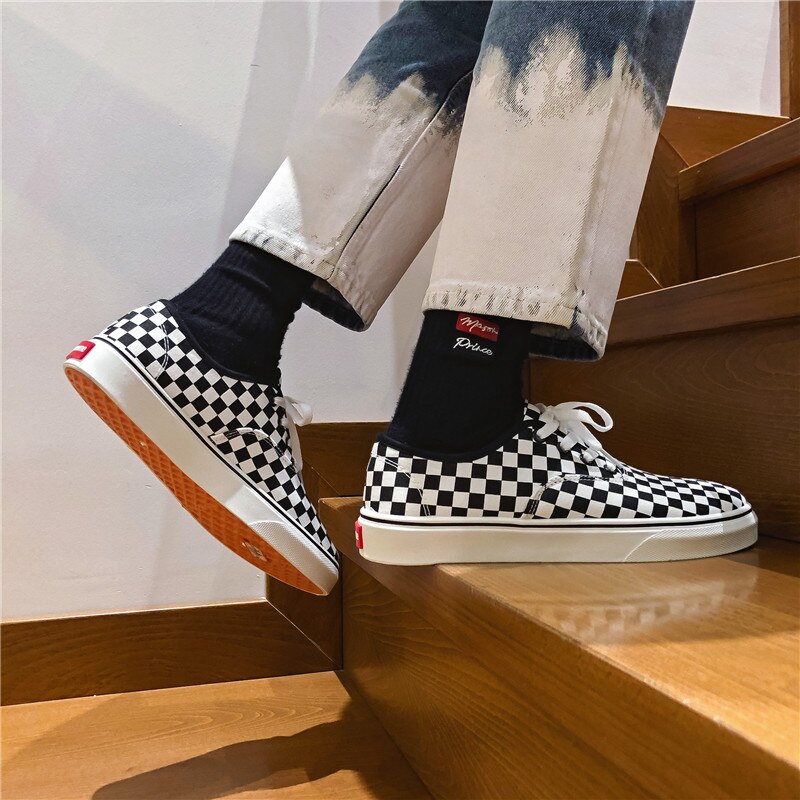 Heren Casual Schoenen Mode Dambord Patroon Laarzen Lace Up Slip Op Klassieke Punk Sneakers Antislip 39-44