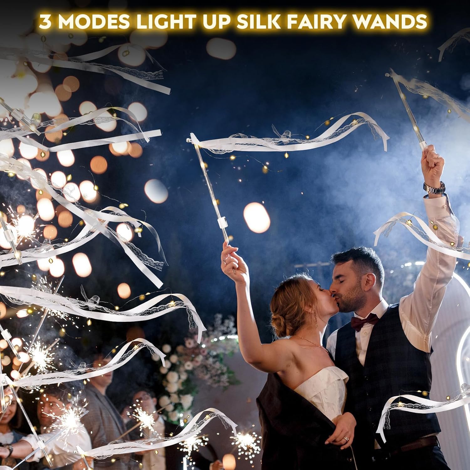 12-60Pcs Light Up Wedding Sparklers LED Wedding Wands Streamers Silk Fairy Wands with Bells for Wedding Birthday Party Supplies