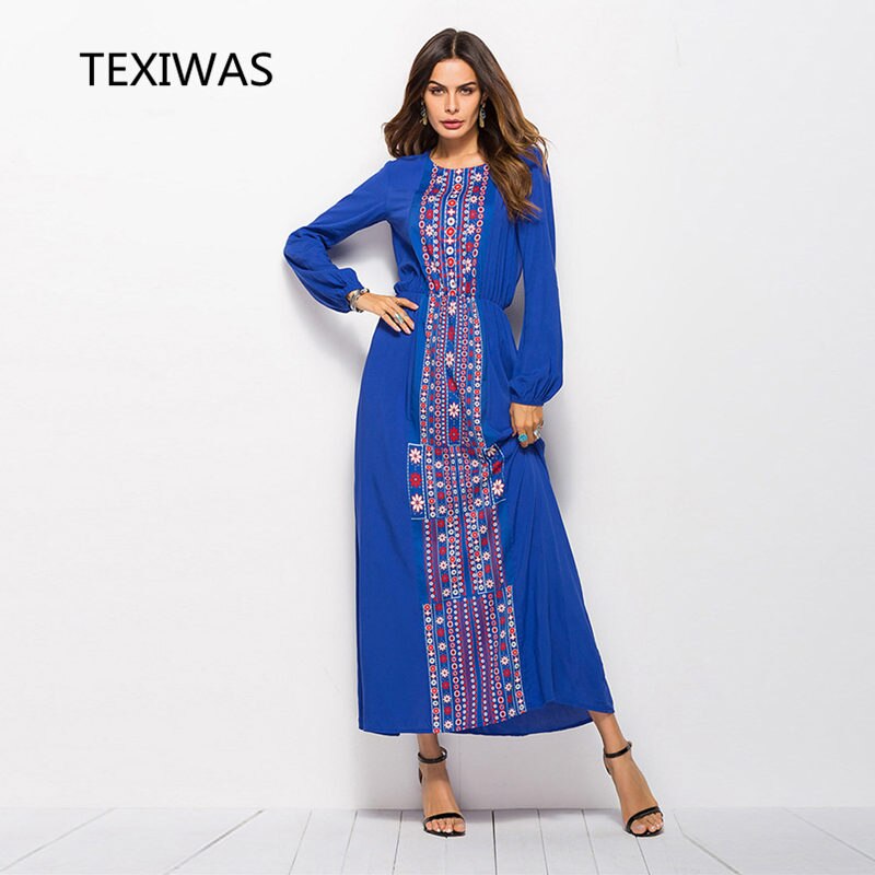 TEXIWAS, vestido de Negro Azul, kimono para mujer, estampado de flores, manga larga, bordado, vestido de línea A, Vestido largo de trabajo Floral
