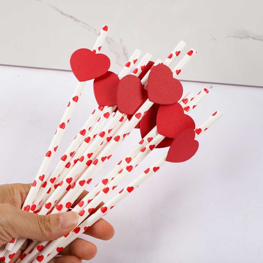 20Pcs Red Love Heart Paper Straws Romantic Wedding Party Straws Tableware Supplies Happy Valentine's Day Party Decoration