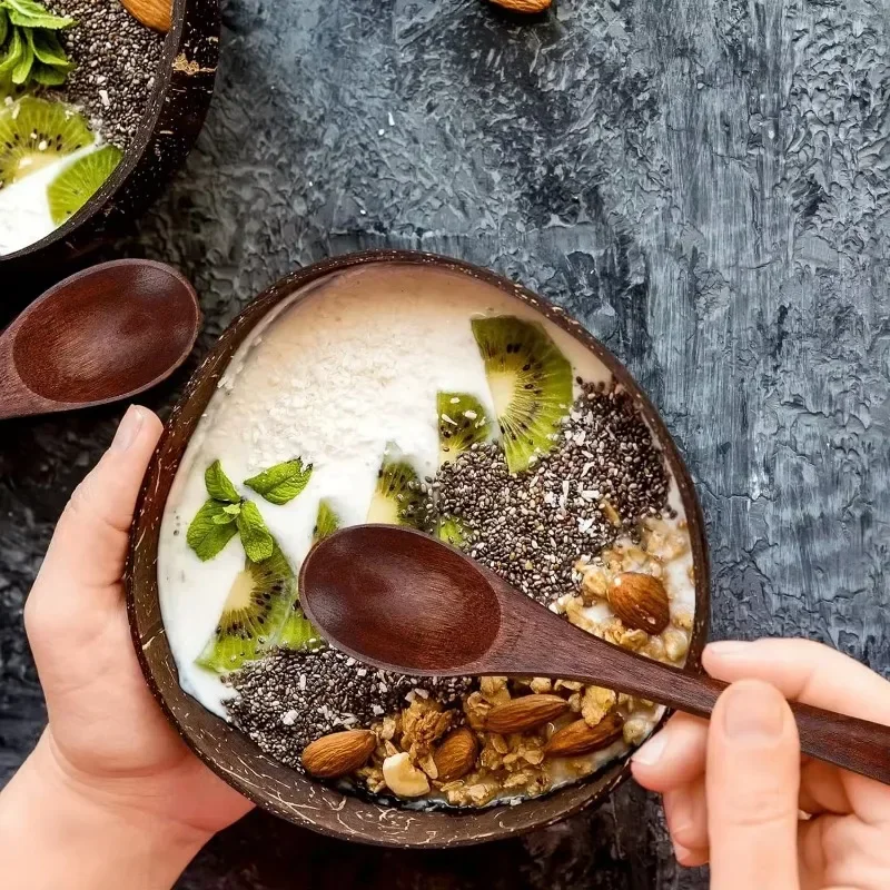 Tigelas de coco naturais por atacado para servir pratos salada aveia iogurte reutilizável tigela de casca de coco de madeira conjunto de utensílios de cozinha