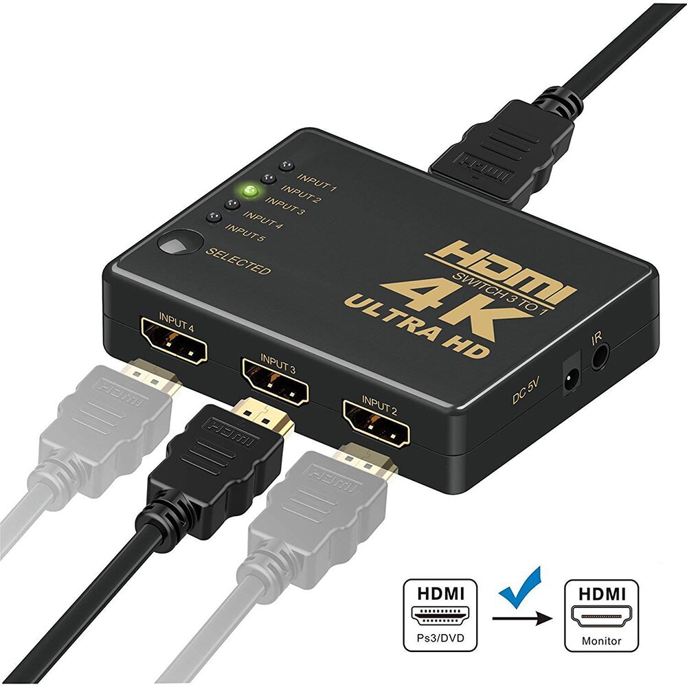 Hdmi splitter kabel 4k hd 1080p 5 ind i port mini switcher med ir fjernbetjeningsvælger til hdtv dvd tv xbox  ps3/4 z2 laptop