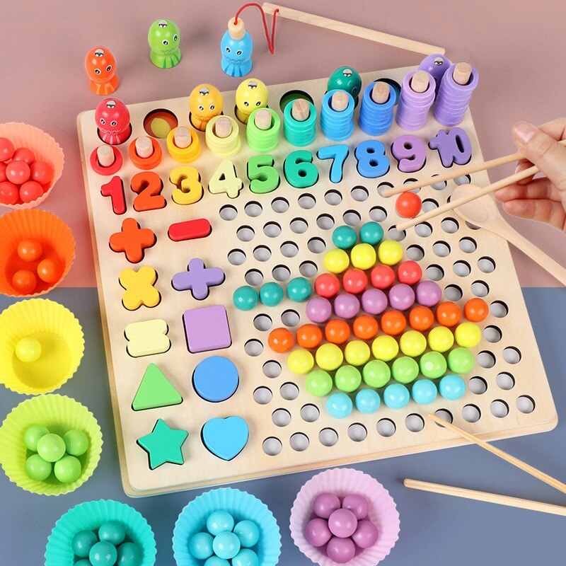 Wooden Magnetic Fishing Game,Color Sorting,Shape Blocks Matching,Math Counting,13In1 Preschool Educational Toy Ages 3+