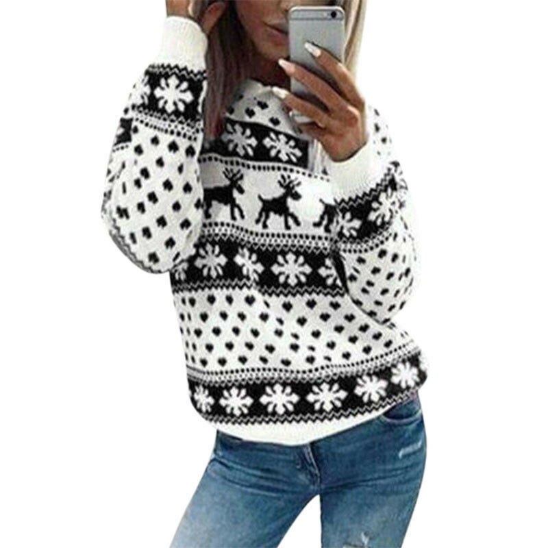 Jaar vrouwen Kerst Xmas Trui Mode Vrouwelijke Jumper Trui Lange Mouwen Xmas Herten Gedrukte Trui Tops Truien: Zwart / XL