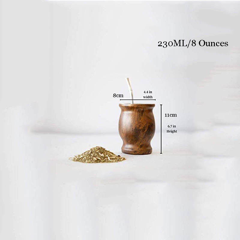 Yerba mate-setet innehåller dubbelväggiga 18/8 mate-tekoppar i rostfritt stål, en bombilla mate (halm), en rengöringsborste (trä ,230ml)
