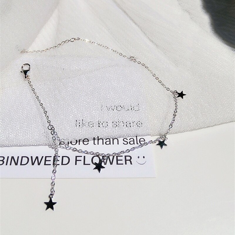 925 exquisite fußkettchen aus sterlingsilber mit kleinem pentagramm-anhänger, schlichter, sommerlicher boho-schmuck für damen.: Silber