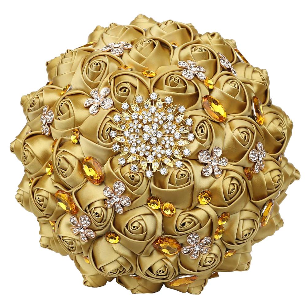 JaneVini – Bouquet de mariage de grande taille, 30CM, pour la mariée, en or, luxueux, diamant, cristal, perles, strass, fleurs à main en Satin: Gold 21cm