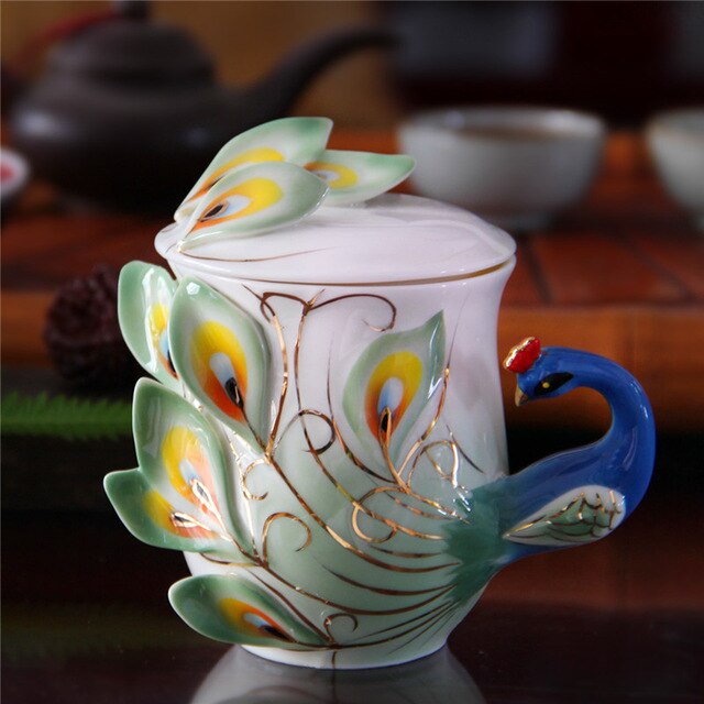 1 stk emalje porcelæn påfugl kaffekop keramiske kopper 3d farve kontor kaffe te sæt & te kop: -en
