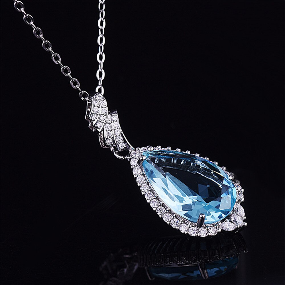 Luxus großen aquamarin edelsteine diamant Anhänger halsketten für frauen blau kristall Weiß Gold farbe halsband kette schmuck Schmuckstück