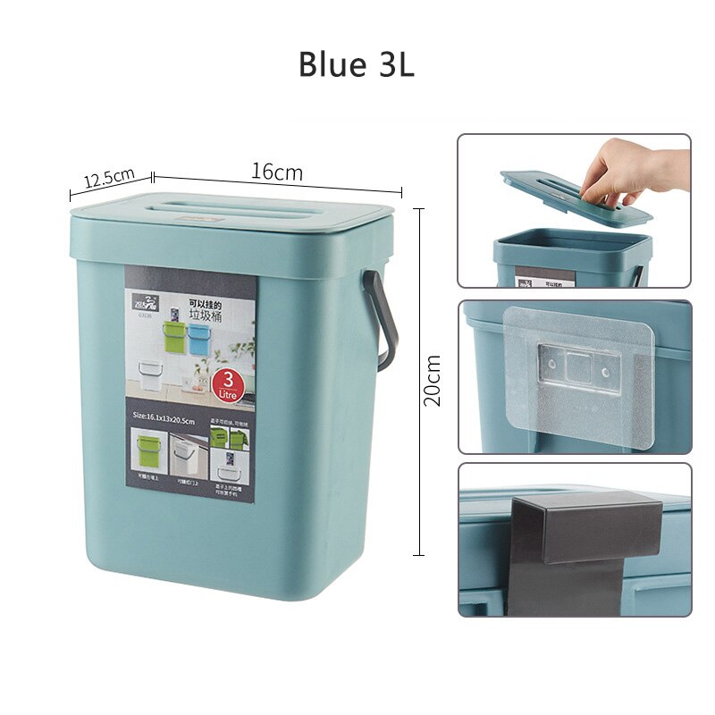 Kitchen Rubbish Bin Wall Mounted Trash Can Home Kitchen Cabinet Door Hanging Trash Garbage Bin Can Rubbish Container Trash Can: Blue 3L