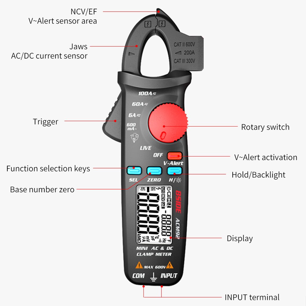 ACM92 Digital LCD Clamp Meter Multimeter 6000 Counts Voltage Current Tester Automatic Range True Rms High Precision Multimeter