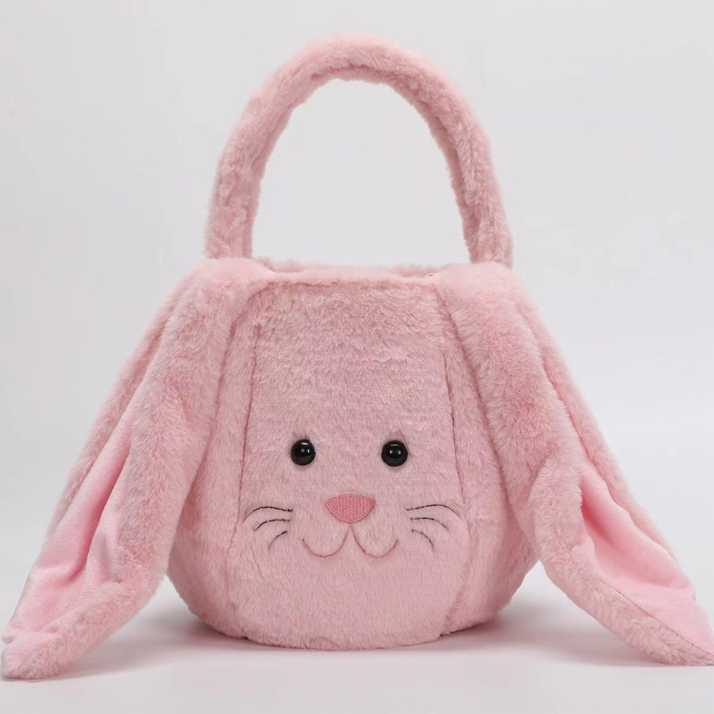 1PC Cute Easter Bunny Basket Long Ear Plush Handbag Egg Candy Baskets Party Decoration For Kids Round Bottom Tote Bag: Pink